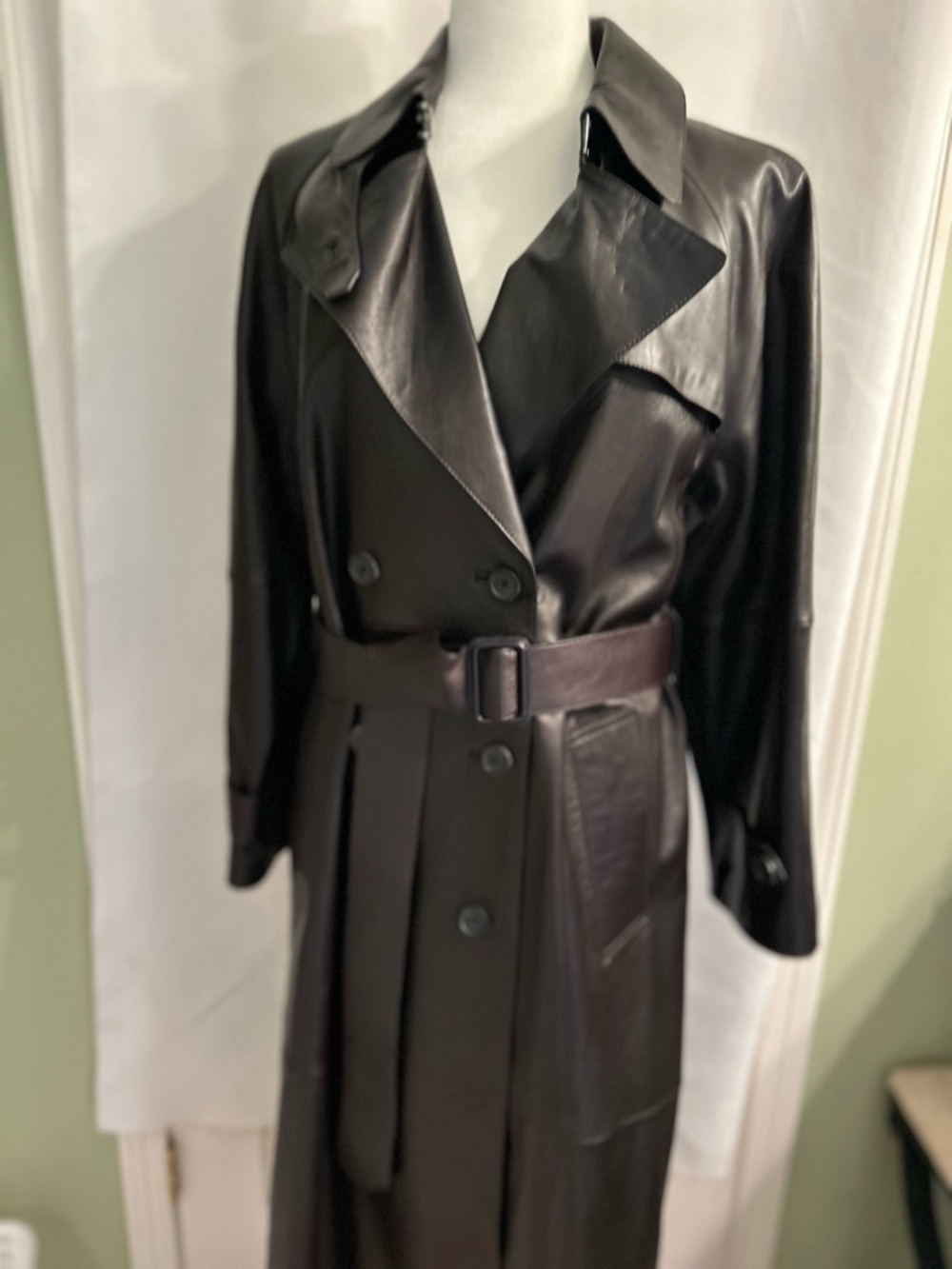 Massimo Dutti Black Leather Trench Style Coat-NWT